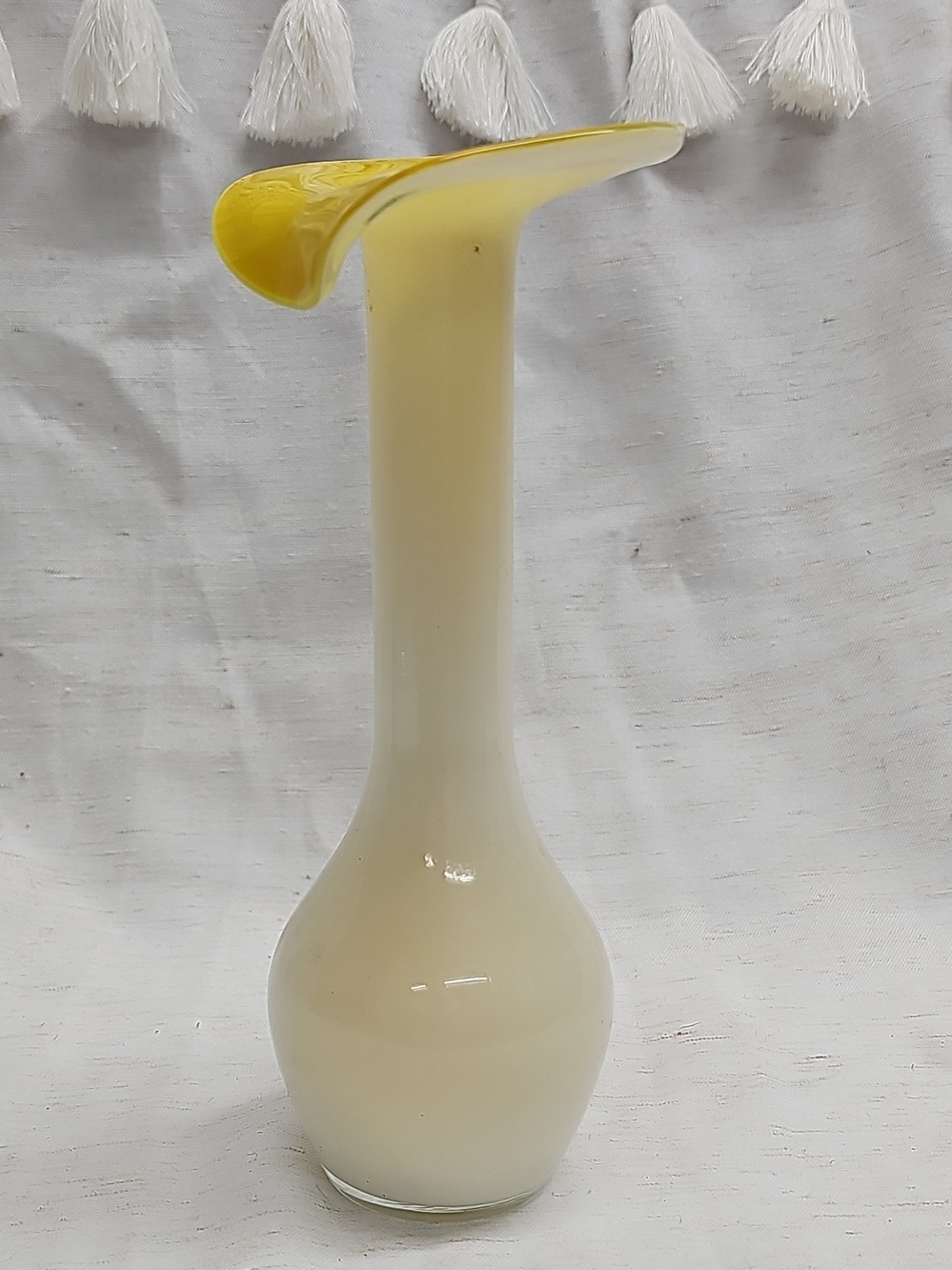 K’s Collection Vintage Art Glass Bud Vase Ivory White & Yellow Flared Rim Dollar
